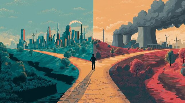 A person stands at a fork in the road: one path leads to a futuristic clean city powered by nuclear energy, the other to a smog-filled city from fossil fuels, symbolizing choice and future.