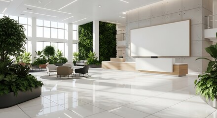 Fototapeta premium Modern, bright office lobby with plants and large windows.