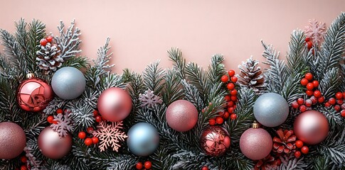 Frosted Evergreen Branches with Pink and Blue Christmas Ornaments holiday pine