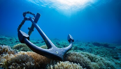 an anchor rests serenely underwater amidst a coralline landscape with sunlight illuminating the tranquil deep blue scene