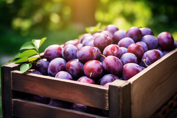 plums fresh in wooden crate blurred plantation background