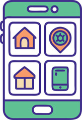 Smartphone with four app icons including home and location