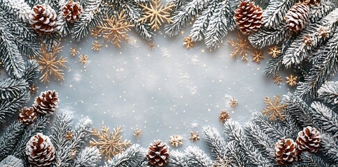Frosted Pine Branches with Gold Snowflakes and Pinecones Border Christmas winter