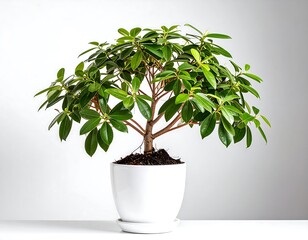 Obraz premium A vibrant bonsai, its lush green leaves displayed in a simple white pot against a neutral backdrop.