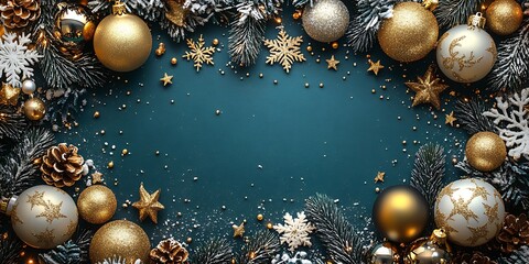 Gold and silver Christmas ornaments pine branches and snowflakes on teal background holiday
