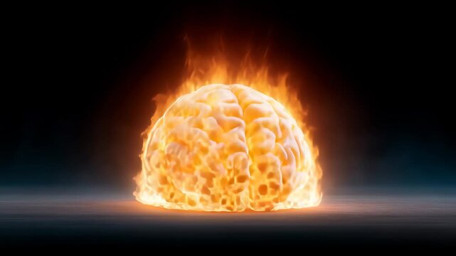 Intense orange flames consuming detailed anatomical brain model, symbolizing mental stress and neural complexity against dramatic dark studio background.