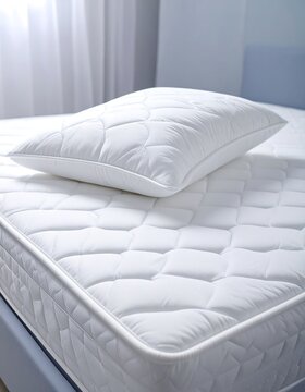 A close-up view of a white quilted mattress and pillow, showcasing a comfortable and inviting bedroom scene.