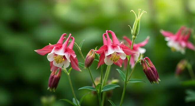 Close-up of pink and white Columbine flowers in a garden.