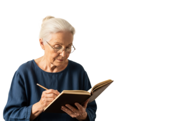 Elderly woman (70s-80s) with white hair and spectacles, holding sketchbook, gazing introspectively on transparent background with copy space. Concept of quiet wisdom and introspection