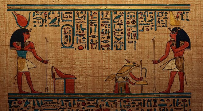 Ancient Egyptian Hieroglyphs and Deities on Papyrus.