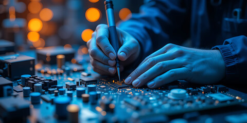 Obraz premium Closeup of hands working on a complex electronic circuit board with glowing orange lights in the background