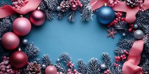 Pink and blue Christmas ornaments on frosted pine branches with red berries holiday decoration
