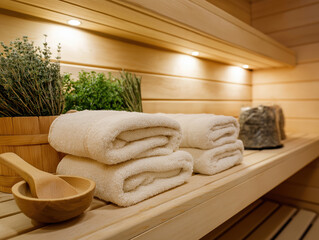 Soft white towels neatly stacked on wooden shelf in a serene sauna environment, surrounded by fresh herbs and natural materials, creating a calming wellness atmosphere