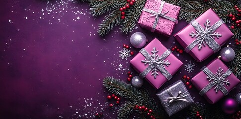 Pink and silver Christmas gifts with fir branches and berries present