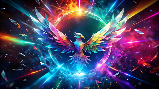 Cosmic splash art of a phoenix rising from rainbow flames surrounded by glowing stars and infinite cosmic energy  