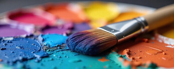 Obraz premium Close-up of a paintbrush resting on a palette of vibrant, mixed paints The bristles are soft and slightly splayed, ready for the next stroke of artistic expression , brush, fine art, hue