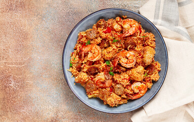 Jambalaya, Creole dish, American pilaf, rice with chicken and shrimp, vegetables, homemade, no people,