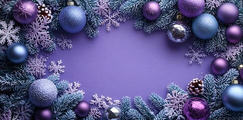 Purple and blue Christmas ornaments with frosted pine branches and snowflakes holiday