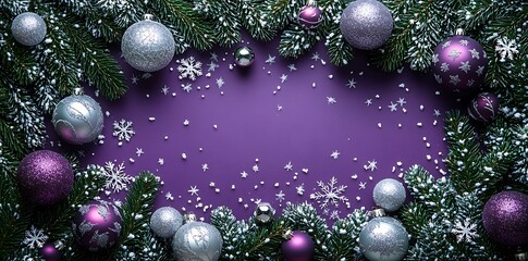 Purple and silver Christmas ornaments on snowy fir branches with snowflakes holiday winter