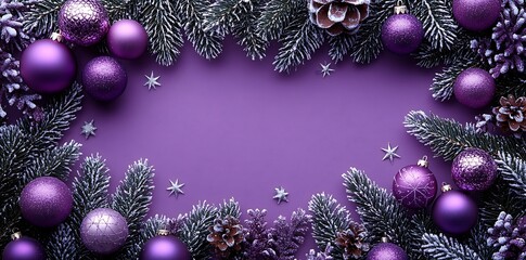 Purple Christmas ornaments and frosted pine branches on violet background baubles