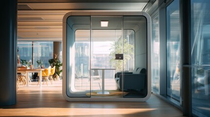 Modern glass capsule pod with seating and table in open office. A quiet modular space for meetings, calls, and individual work.