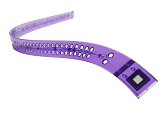 Long, flexible, translucent silicon alloy strip, deep violet, hexagonal conduits, embedded micro-optic sensor, on bright white studio background, high-tech data concept