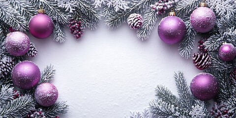Purple Christmas Ornaments and Snow Covered Pine Branches Border holiday winter