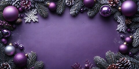 Purple Christmas Ornaments Pine Branches Snowflakes and Pinecones Border image