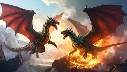 Two majestic dragons, one teal, one grey, face off amidst fiery volcanic peaks and clouds