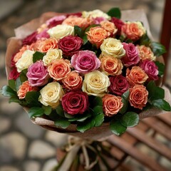 Large bouquet of roses with pastel colors, on rustic wooden chair, romantic and elegant style, perfect for Valentine's Day and anniversaries