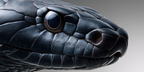 Close-up of black snake head with detailed scales and reflective eye