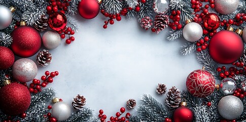 Red and silver Christmas ornaments with pine branches and berries holiday decoration