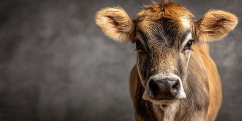 Brown cow portrait on grey background with natural lighting