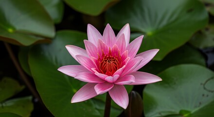 Captivating pink water lily blossoming among lush green lily pads in its aquatic habitat