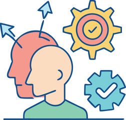 Conceptualizing ideas and implementing solutions with gears and checkmarks