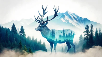 Handdoek met foto Meisjeskamer Nordic inspired double exposure of a stag with enchanted forest glowing across surreal cosmic dreamlike stars    © MdAriful