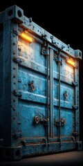 Weathered blue metal shipping container with rust and industrial lighting