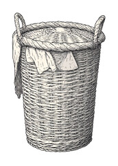 Empty woven wicker basket with handle, isolated on a white background