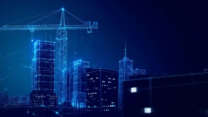 Digital Blueprint Cityscape: Construction Crane and Illuminated Buildings in Blue - Powered by Adobe