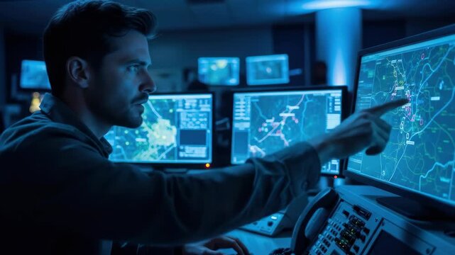 Focused man in control room monitors map data on computer screens. Technology, security, data analysis, monitoring, and communication.