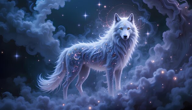 Mythic White Wolf in a Sea of Blue Clouds and Sparkling Stars