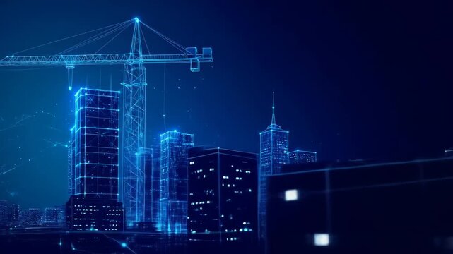 Digital Blueprint Cityscape: Construction Crane and Illuminated Buildings in Blue