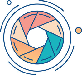 Abstract camera aperture icon with colorful blades and swirling lines