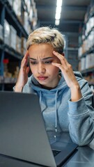 A young woman, focused on a laptop, appears stressed in a warehouse setting.