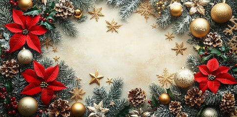 Red poinsettias gold baubles pine cones on frosted fir branches Christmas holiday