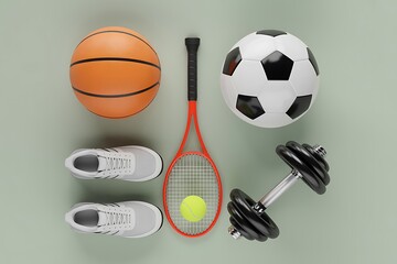 Sports Equipment with Basketball, Soccer Ball, Running Shoes, Tennis Gear, and Dumbbells
