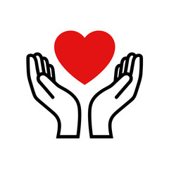 Obraz premium Line art icon of two hands holding a red heart on a transparent background