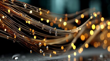 the image showcases multiple thin golden strands that appear to be suspended in mid air, curving gently across the frame