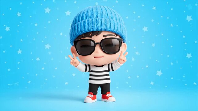 Stylish Chibi Boy Peace Sign - A cute chibi boy wearing a stylish outfit, including a blue beanie, sunglasses, and striped shirt, poses with a peace sign against a light blue star-patterned