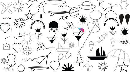 Set of cute summer time doodle element vector, hand drawn doodle collection of christmas tree, boat, heart, sun, hat, ice cream design for print cartoon card decoration sticker